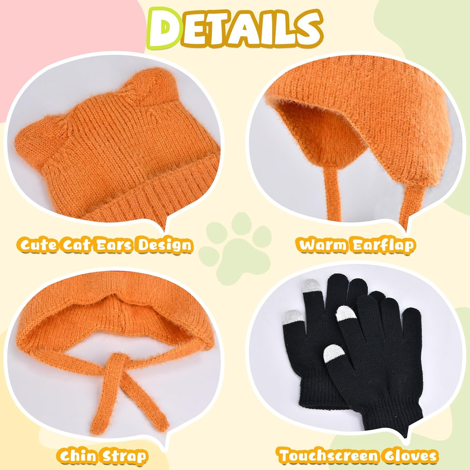 ZOORON Kids Winter Hat Glove Set for Boys and Girls, Cat Beanie with Warm Ear Flaps, Knit Skull Cap for Age 5-15 Years