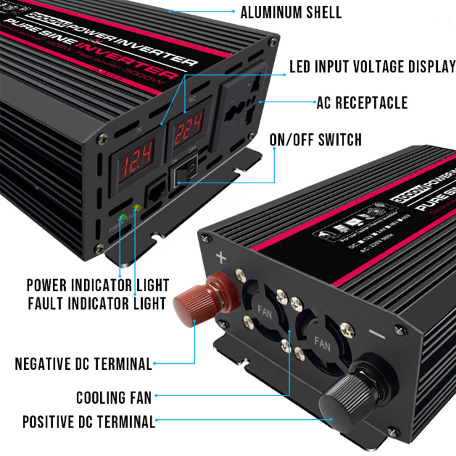 Hohe Effizienz 3000W Reine Sinuswelle Power Inverter DC 12V-60V Zu AC 220V/ 110V Konverter Solar Power Inverter mit AC Ausgänge & LCD Display,24v to 110v