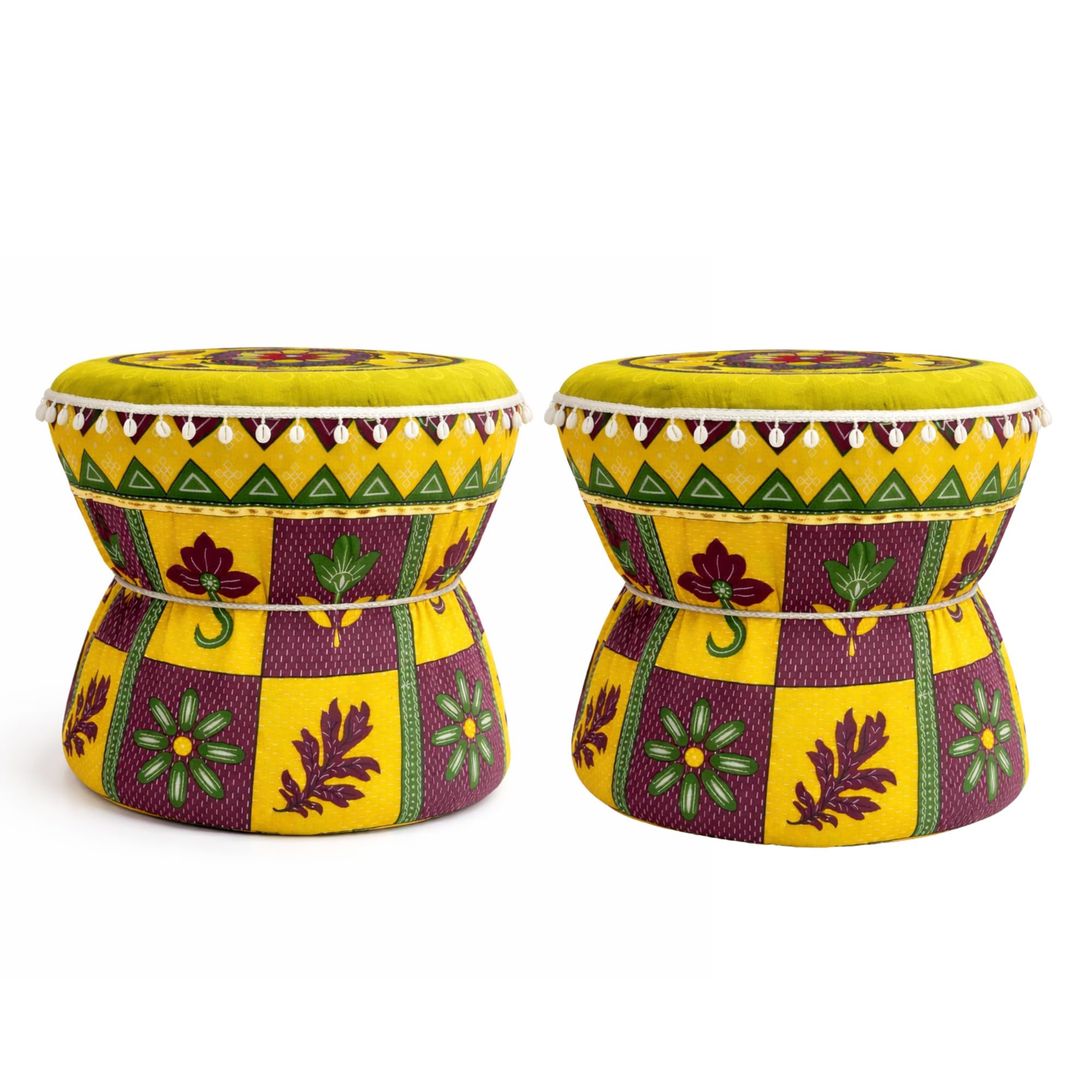 Handcrafted Muda Cover Orange & Green Colorful Pure Cotton Pouffs with Floral Embroidery Decorative Ottoman for Living Room & Balcony Seating Set of 2 Pieces Cover ONLY-image-41