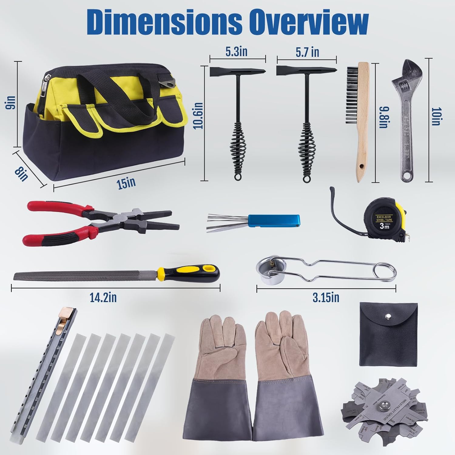 Welding Accessories Kit, 20-Piece Welding Tool Set with Storage Bag, Chipping Hammer, Leather Welding Gloves, Soapstone Holder, Wire Brush, Fillet Gauge, Pliers, Adjustable Wrench, Half-Round File