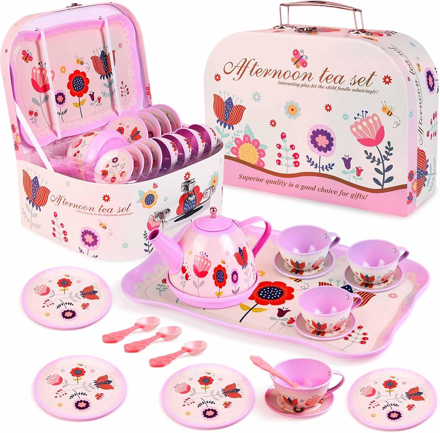Lajeje Pretend Play Tea Set for Little Girls Ages 3-8, 19 PCS Flower Themed Kitchen Toy for Toddlers, Princess Tea Time Set, Easter Basket Stuffer, Birthday Gift