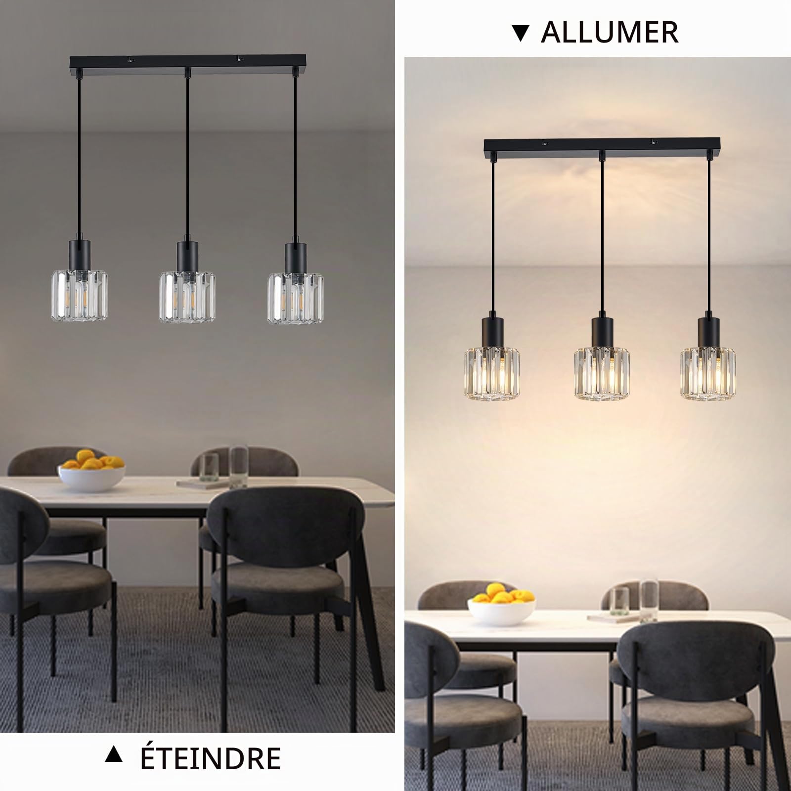 Suspension noire Lampe suspendue pour table à manger Lampe suspendue à 3 ampoules E27 Lampe de cuisine rétro Lampe de salle à manger Lampe de salon Lampe suspendue industrielle (Transparent)
