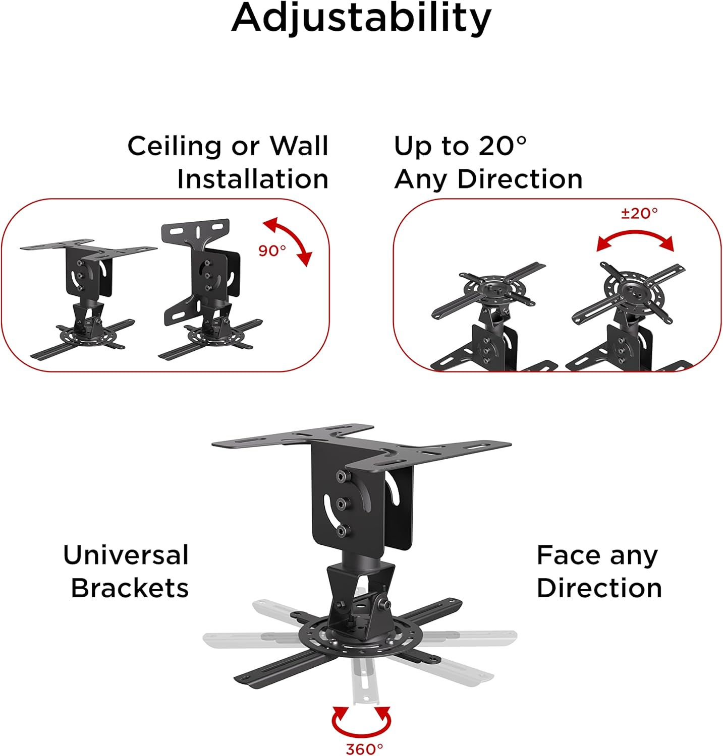 Promounts Universal Ceiling Drop Down Projector Mount Bracket for Flat or Sloped Ceiling, Compatible with LCD/DLP Projector, Tilts ±20°/Swivel 360° and Suspends up to 7.5"