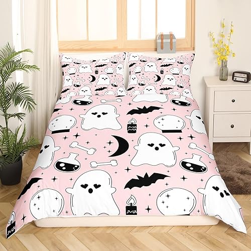 Miniatura 1 de Funda de edredón de fantasma blanco, juego de ropa de cama de murciélagos negros para niños, funda de edredón de Halloween para decoración de