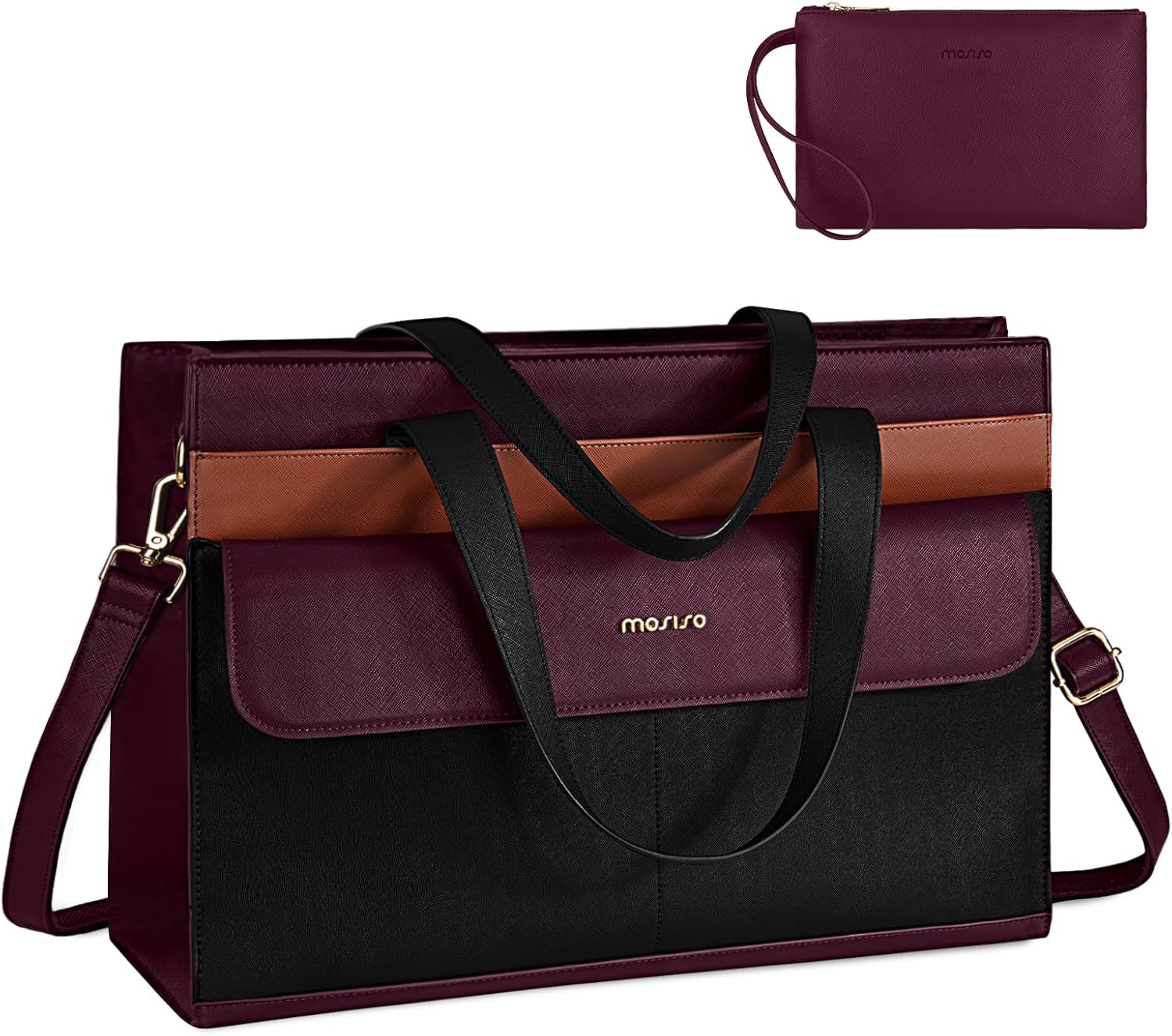 MOSISO Laptop Tote Bag, 15.6 inch PU Leather Tote for Women Professional Handbag with Flapover Pocket&Clutch Purse, Waterproof Shoulder Computer Bag Work Briefcase for Business Office, Plum