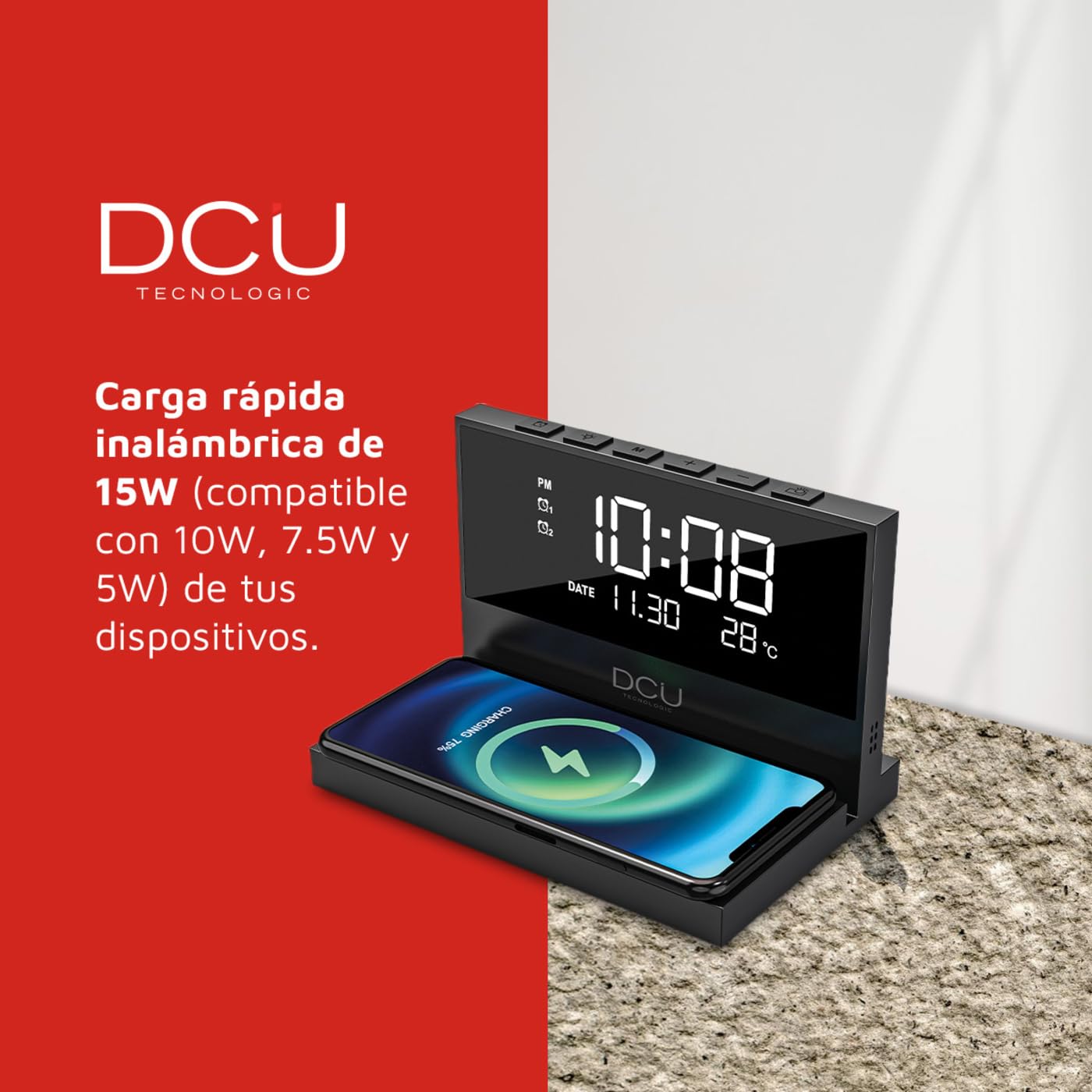 DCU TECNOLOGIC - Reloj Despertador de Sobremesa - Carga Rápida Inalámbrica - Luz Nocturna Ajustable - 2 Alarmas Personalizables
