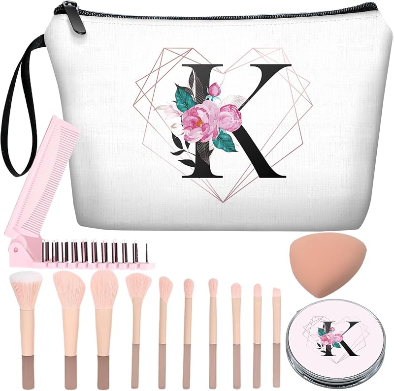 Necessaire de maquiagem JIEXAGEZOS com letra K, espelho, kit com 10 pincéis, esponja rosa e pente dobrável