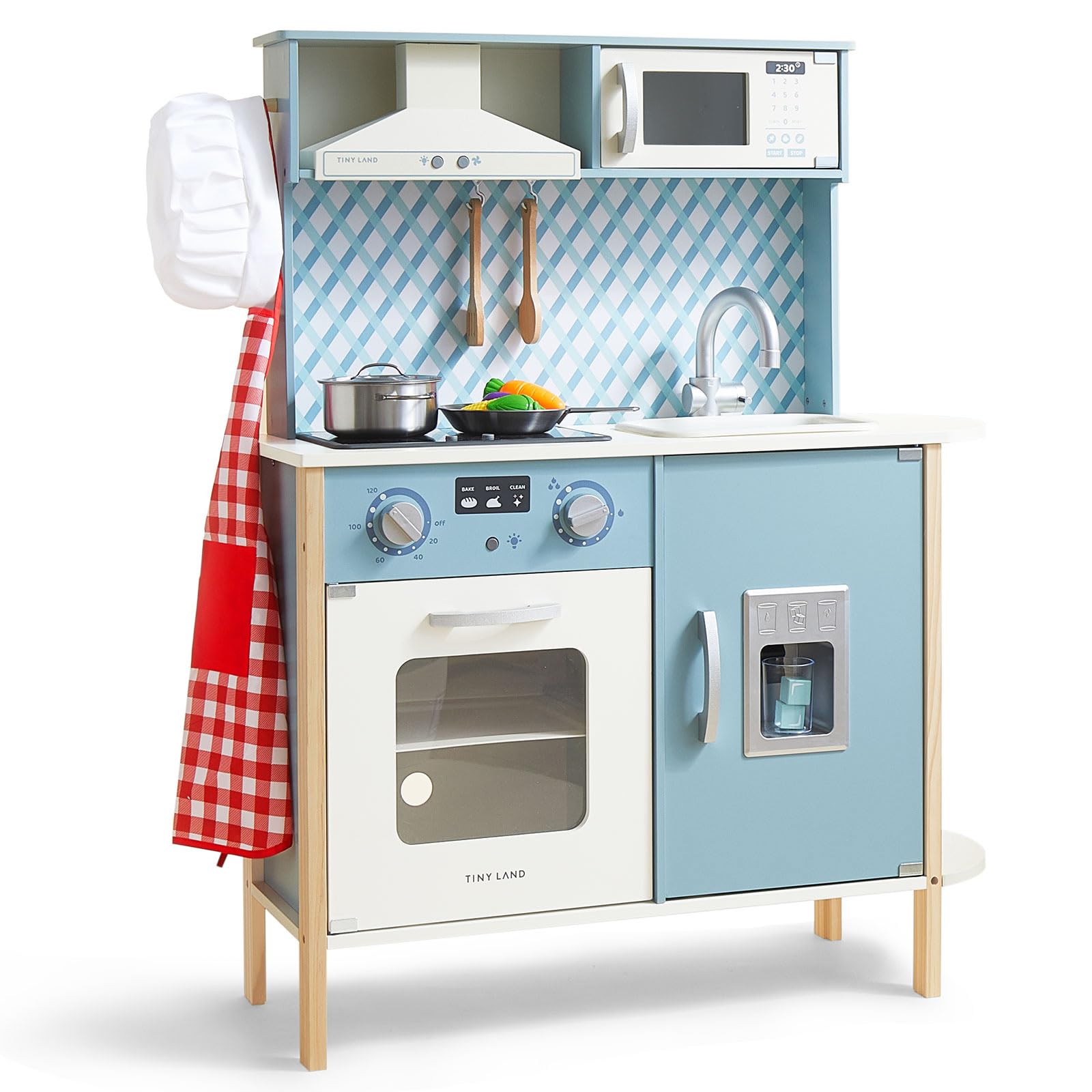 Tiny Land Play Kitchen for Kids, Wooden Kids Play Kitchen Playset Chef Pretend Play Set for Toddlers with Real Lights & Sounds, Toys Kitchen with 18 Pcs Toy Food & Cookware Accessories