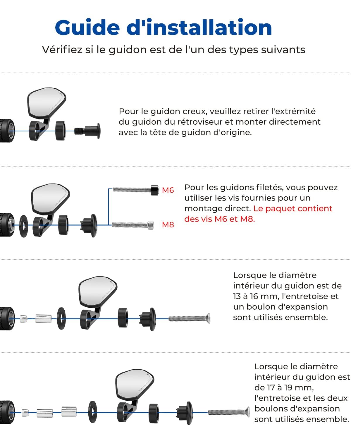 KEMIMOTO E9 Rétroviseurs Moto de Guidon, Lot de 2 Rétroviseurs Latéraux Moto Universel avec E-mark 7/8" 22m Embouts de Guidon