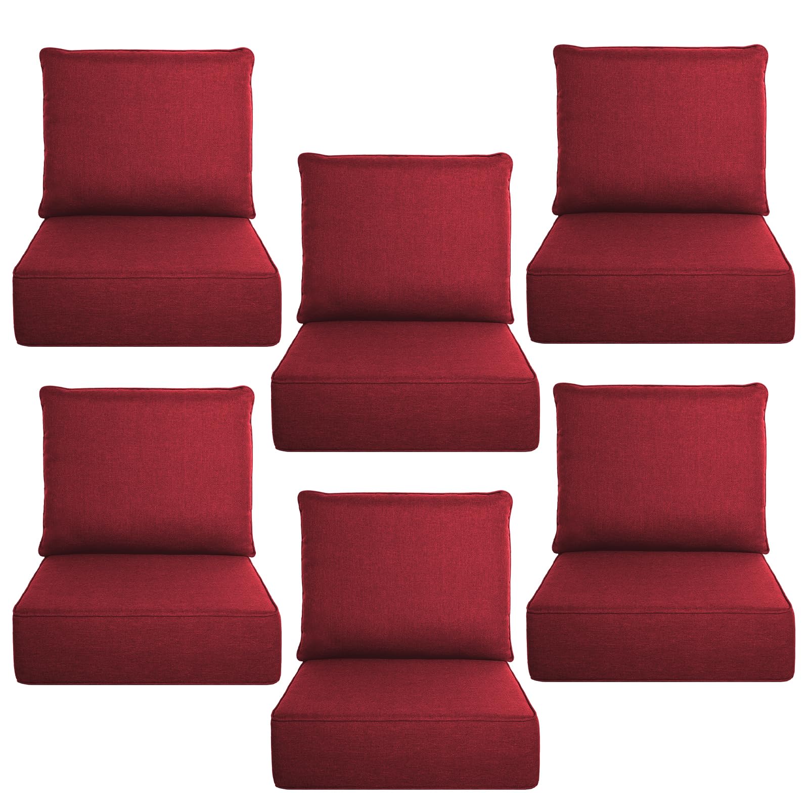 Luxury 6" Thick Outdoor Cushion Set 6-24x24 Patio Furniture Cushions with 28D High-Density Foam, Water-Resistant &amp; Fade-Resistant Fabric, Removable Covers for Patio Furniture Sofa Couch -Red