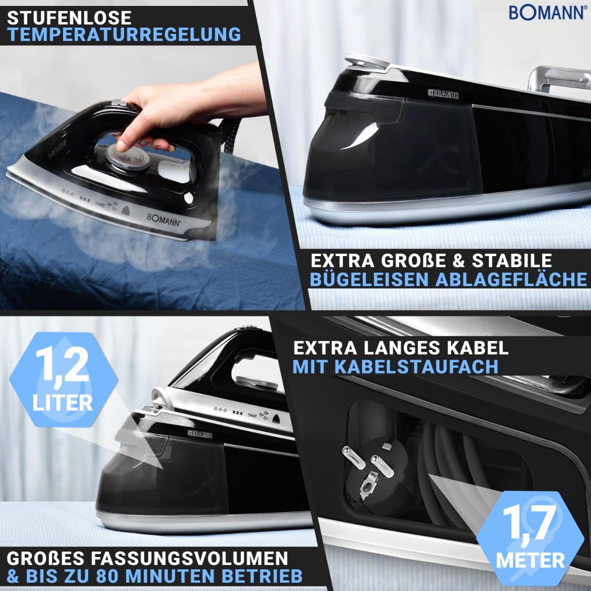 Bomann® Dampfbügelstation mit Dampf Bügeleisen | 3,5 bar | Dampfbügeleisen mit Superglide-Sohle & 1,2L Wassertank | 80 min. Betriebsdauer | 2400W | Bügeleisen Dampf m. Anti-Tropf-System | DBS 6034 CB