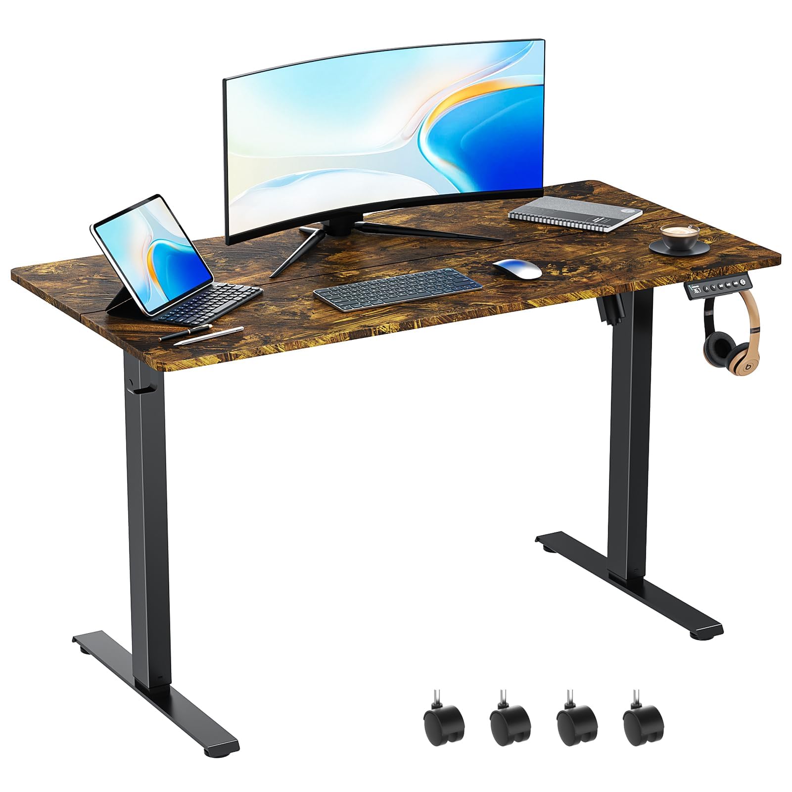 VVENACE 48 x 24 Inch Electric Standing Desk Adjustable Height with Wheels, Sit Stand Up Desk,Home Office, Rising Desk,Computer Workstation Gaming Rolling Work (Spliced Desktop,Brown)
