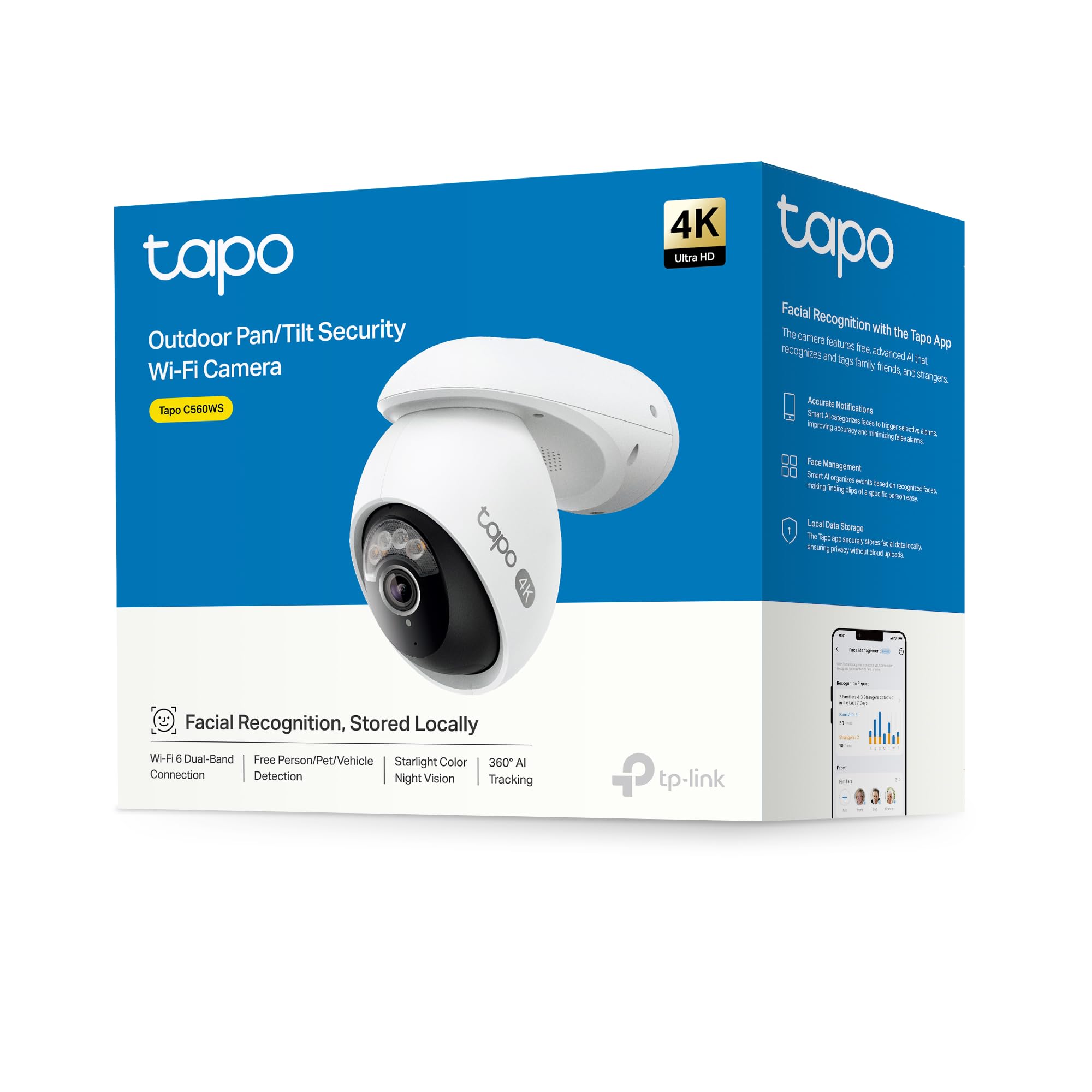 Tapo C560WS 4K 360° WLAN-Überwachungskamera für außen, Wi-Fi 6 Dual-Band, Farbnachtsicht, kostenfreie KI-Erkennung, Smart Tracking, Licht- & Ton-Alarm, Zwei-Wege-Audio, MicroSD-Karte Bis zu 512 GB