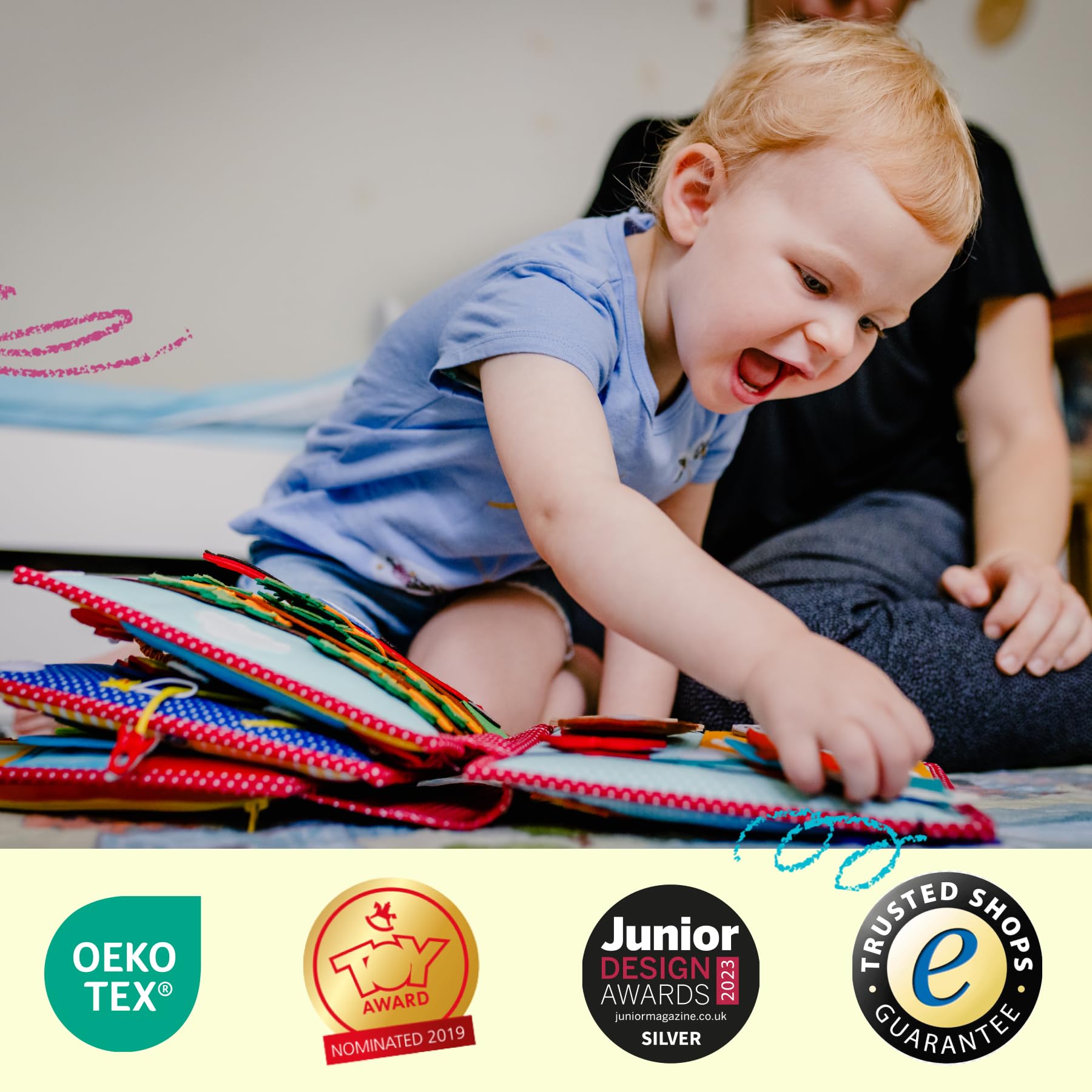 Jolly Designs – Du Glückspilz - 6 Seiten Quiet Book – Montessori Spielzeug ab 2 Jahren – Motorik & Sensorik fördern – Handgefertigtes Filzbuch – Lernspielzeug für Kleinkinder – Busy Book für unterwegs