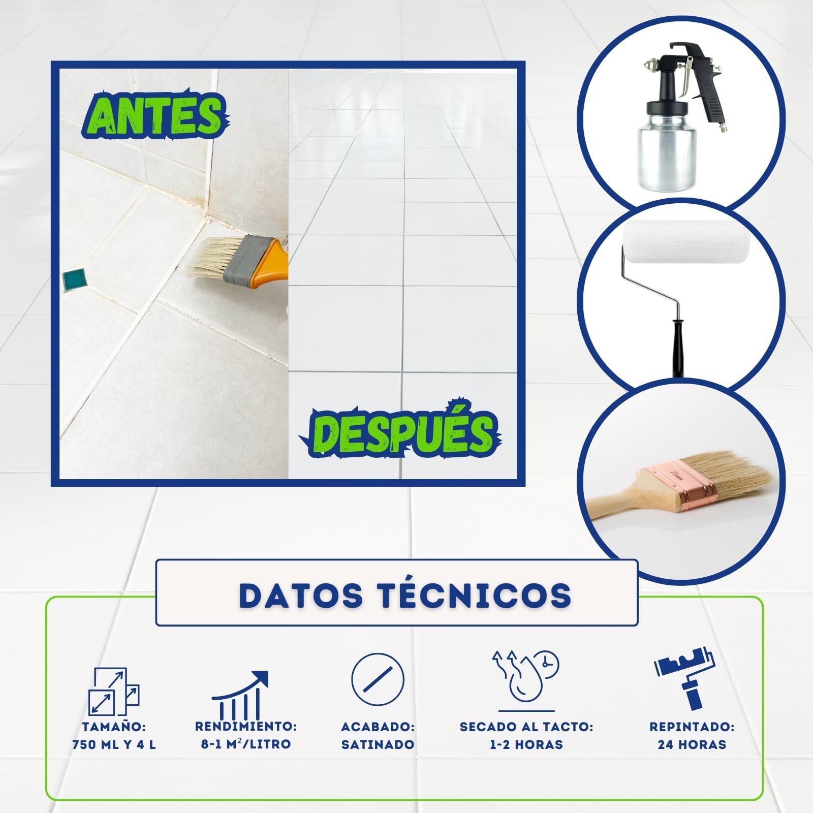 Pintura para suelos Cocina y Baño SATINADO, Mono Componente, Al Agua, Fácil Aplicación (Niebla, 750 ML)