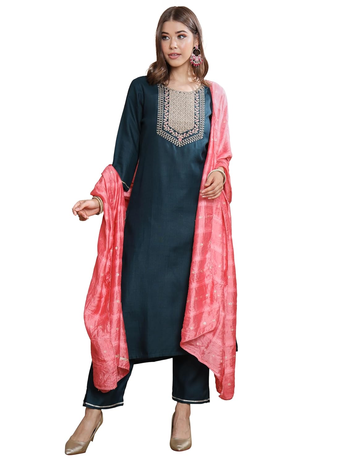 VredeVogel Women’s Cotton Blend Embroidered Kurta with Pant & Chanderi Silk Dupatta Set VredeVogel Women’s Cotton Blend Embroidered Kurta with Pant & Chanderi Silk Dupatta Set