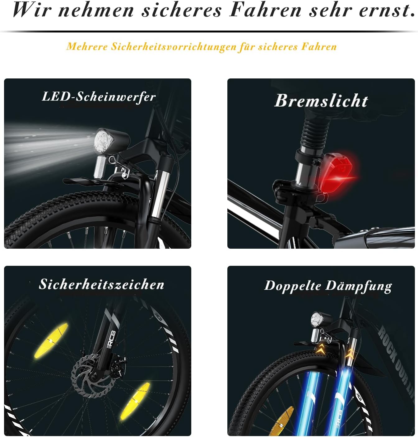 Safety features of the RCB RK15 electric bicycle, showing LED headlight, brake light, wheel reflectors, and dual suspension.