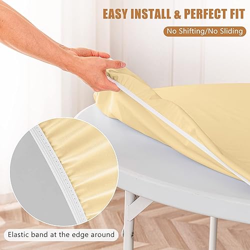 Miniatura 3 de Paquete de 2 manteles redondos ajustables color marrón con bordes elásticos, impermeable, resistente a las manchas, para uso en exteriores e