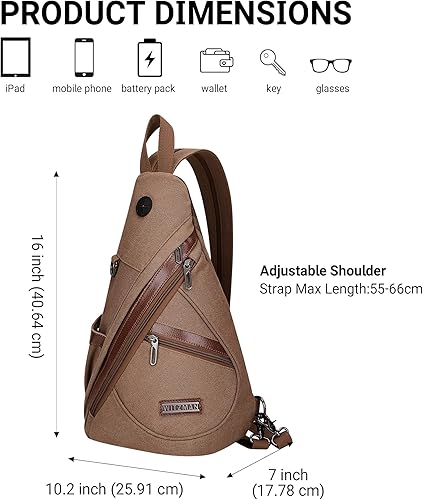 Miniatura 6 de WITZMAN Bolso bandolera de lona para hombres y mujeres, mochila convertible cruzada, estilo vintage, bolsa de pecho de viaje casual (A8003 marrón)