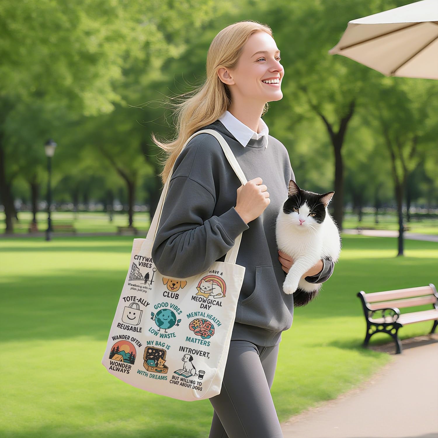 Canvas Tote Bag for Women, Tote Bag with Zipper Inner Pocket, Zippered Canvas Bag for Shopping Work Grocery Everyday - Image 5