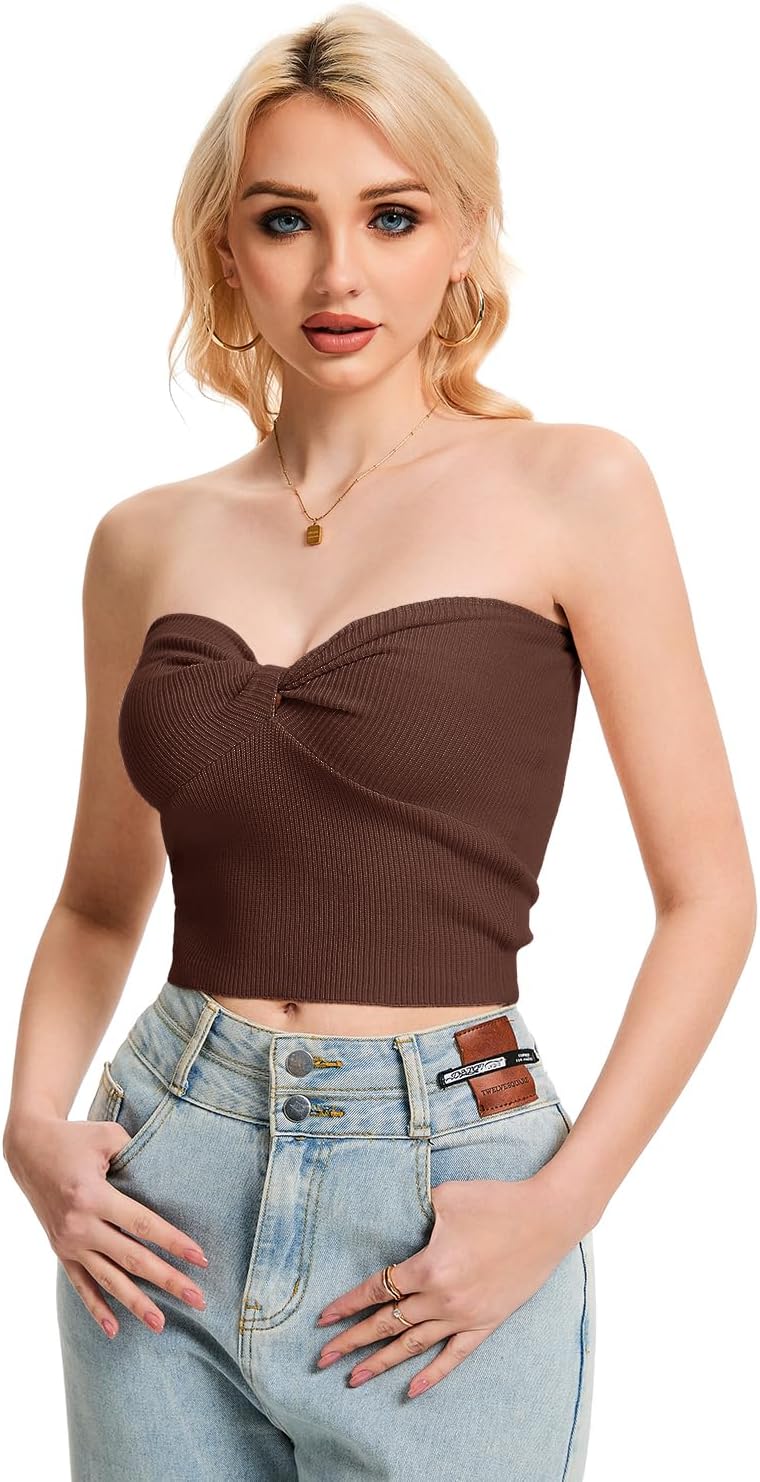 Womens Tube Tops Twist Knot Summer Strapless Y2K Crop Top Ribbed Knit Vacation Outfits - Image 2