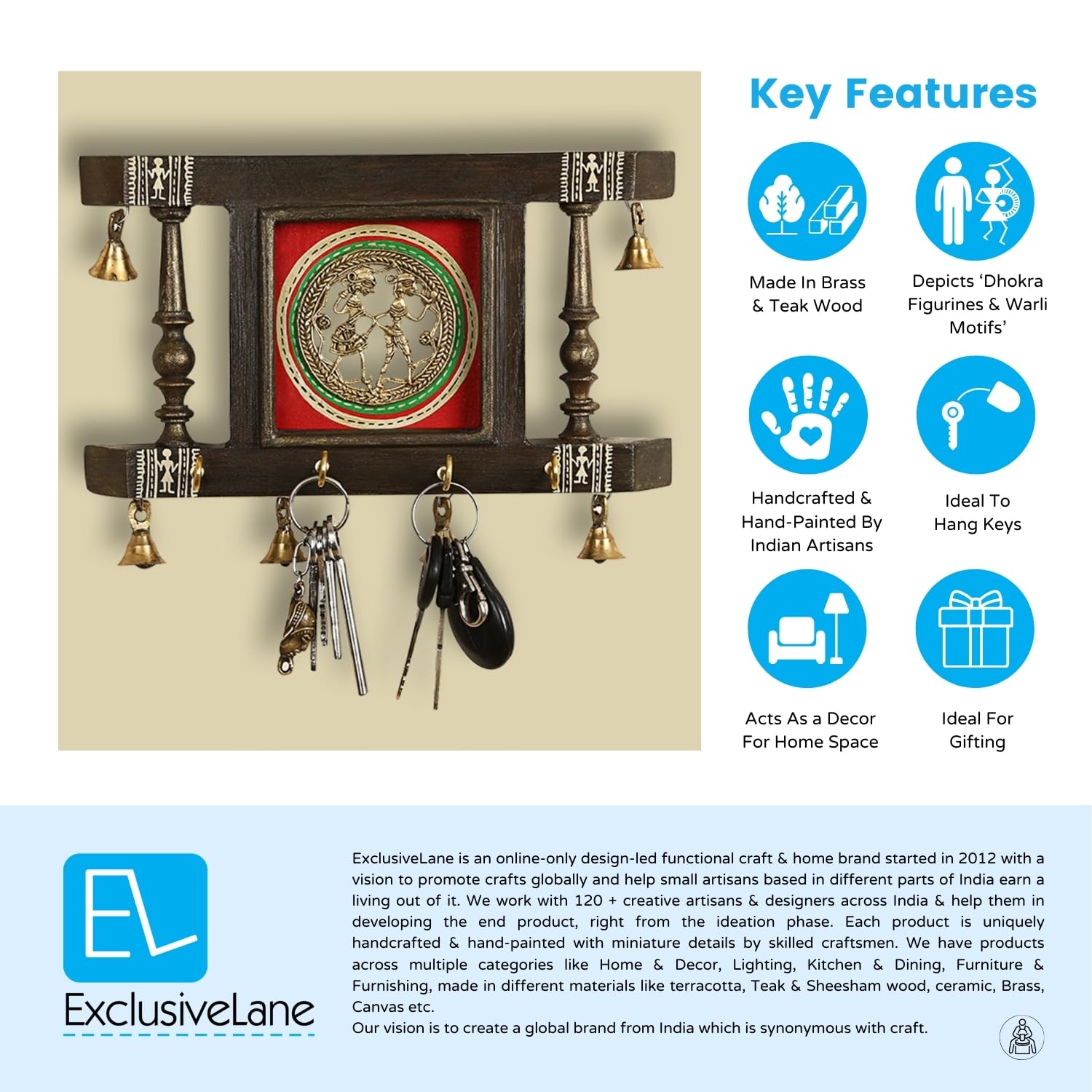 ExclusiveLane 'Brass People On Teak Wood' Warli Handpainted Wooden Key Holder for Home Décor Stylish (4 Hooks, Dhokra Art)| Key Hangers for Wall Key Holder Stand Key Stand for Wall Key Chain Holder 4