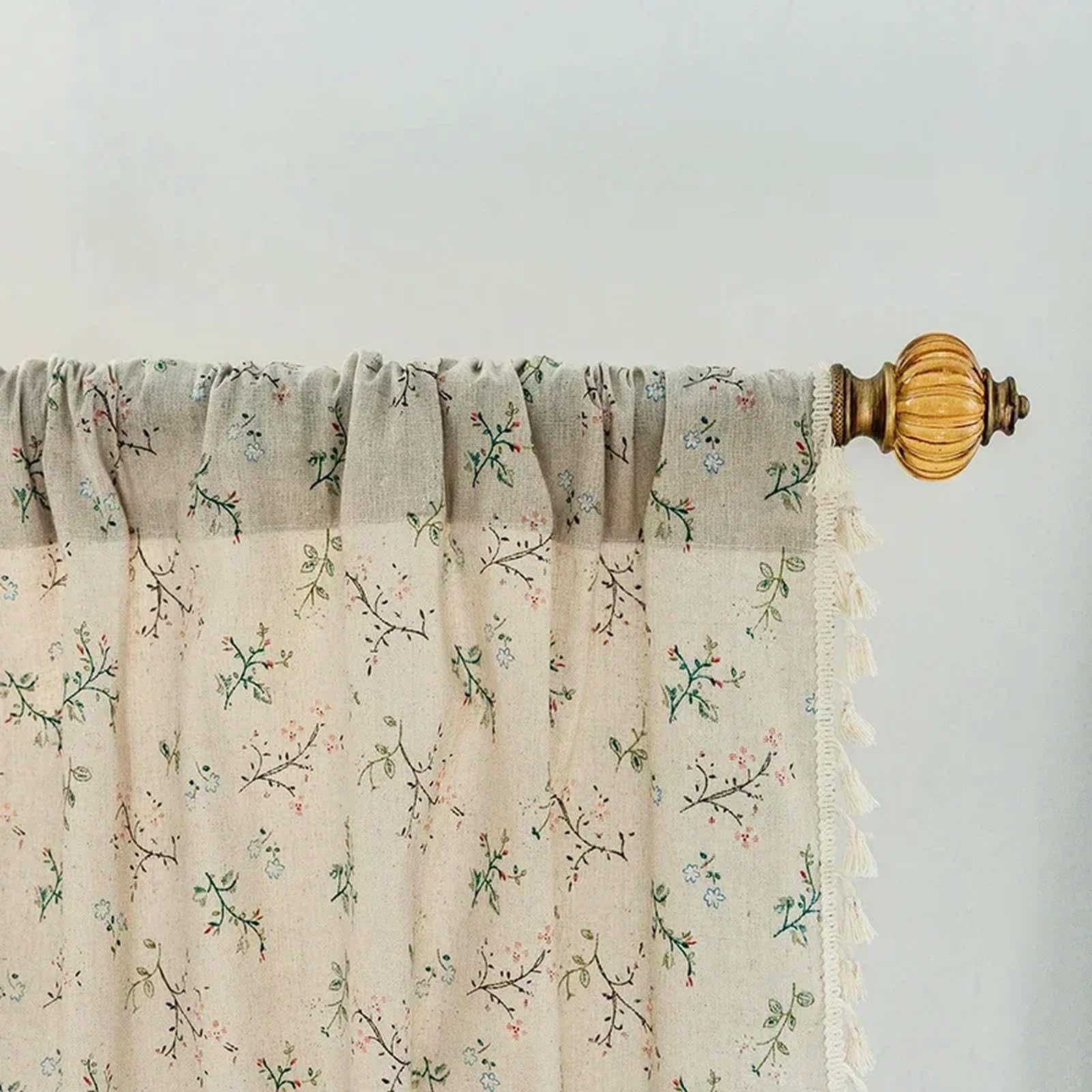 Zasłony wiejskie z kwiatami Półzaciemniające zasłony do salonu Bawełniana lniana Zasłony w stylu boho 1 sztuka Beżowy frędzel Kieszeń na drążek