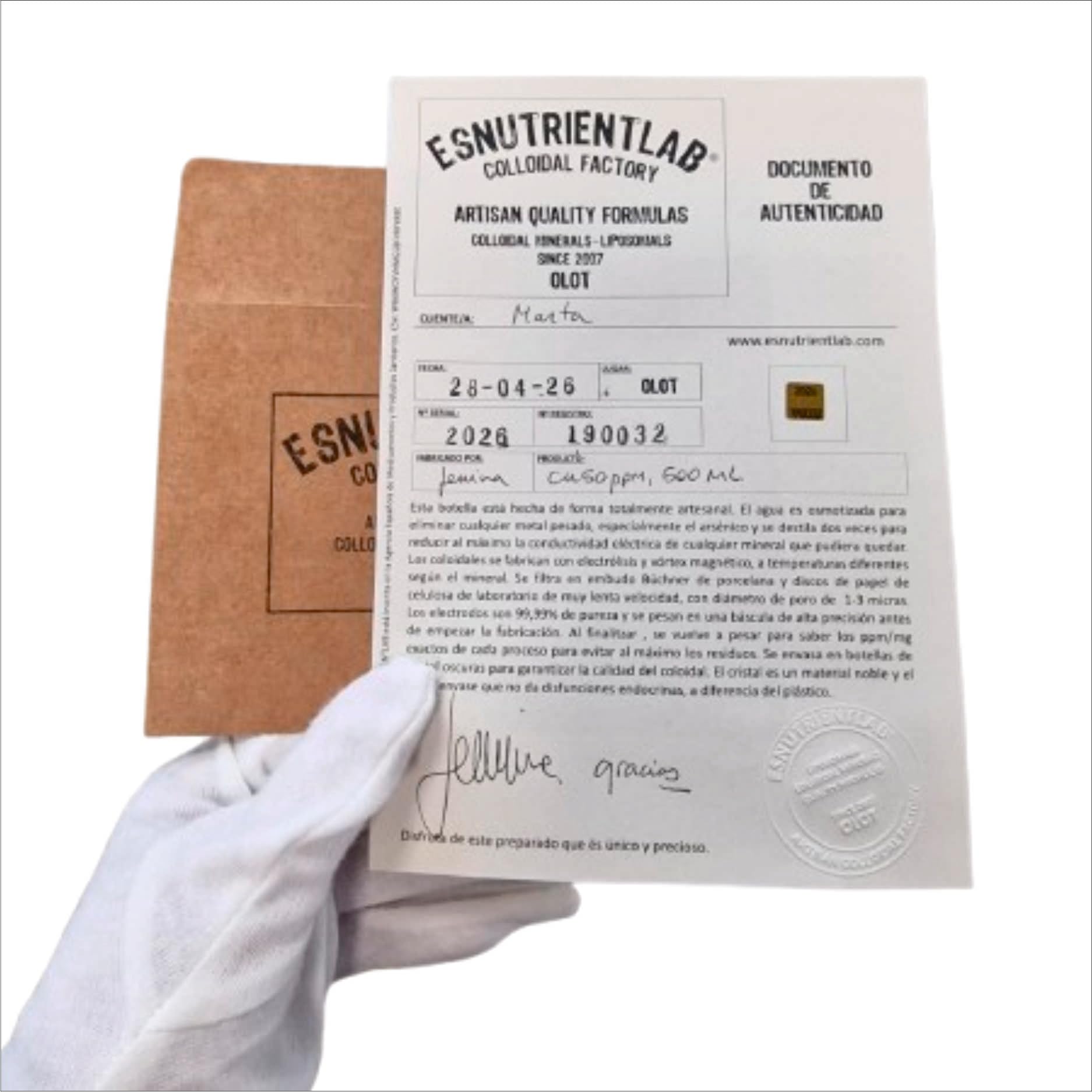Cobre coloidal artesanal 50 PPM, 250 ml. Con certificado de autenticidad. ESNUTRIENTLAB. 99,99% de pureza.