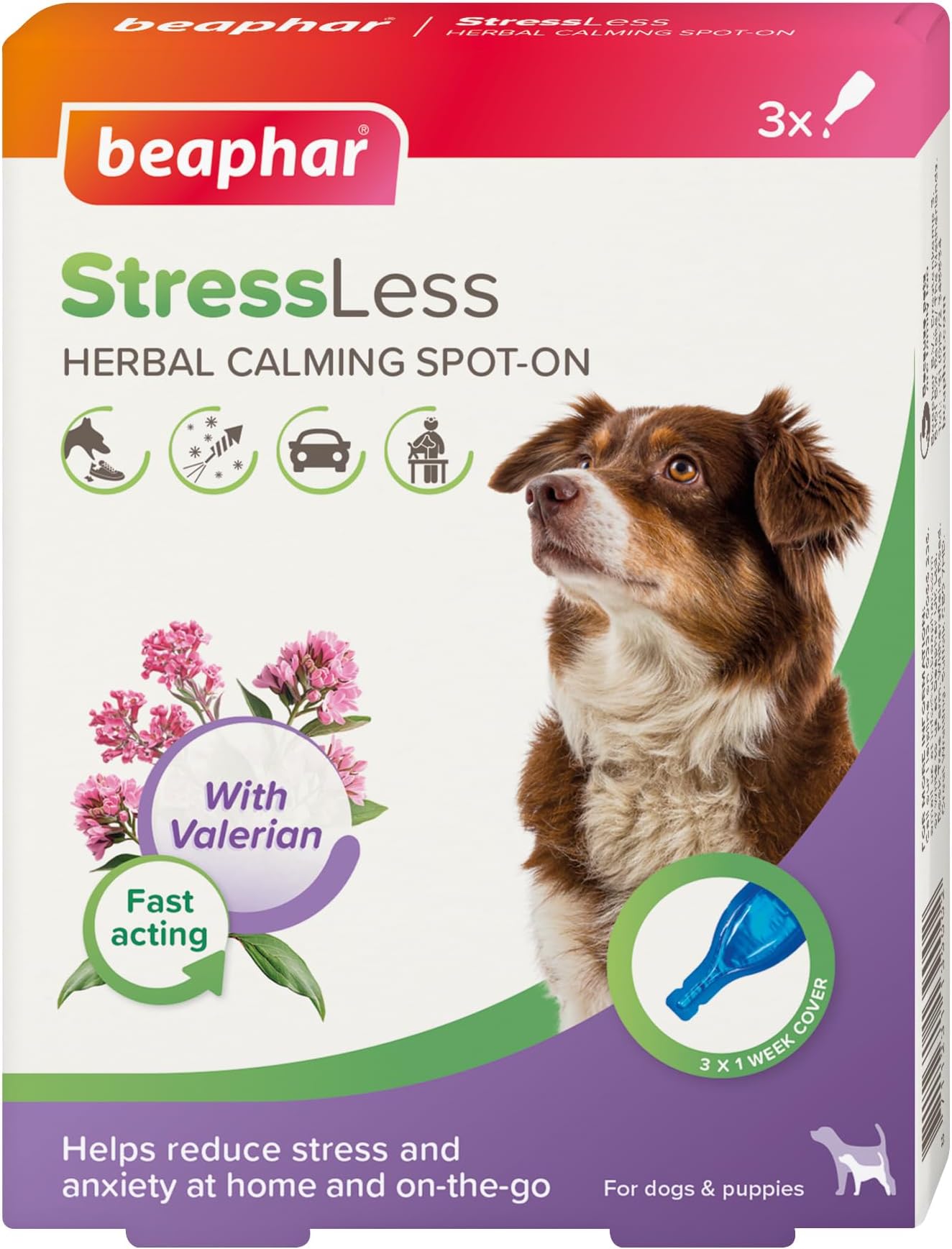 StressLess Herbal Calming Spot-On for Dogs – Reduces Stress & Anxiety at Home and On-the-Go – With Valerian Extract – For Dogs & Puppies – 3 x 1 Week Doses –Easy-to-Use Spot-On Pipettes