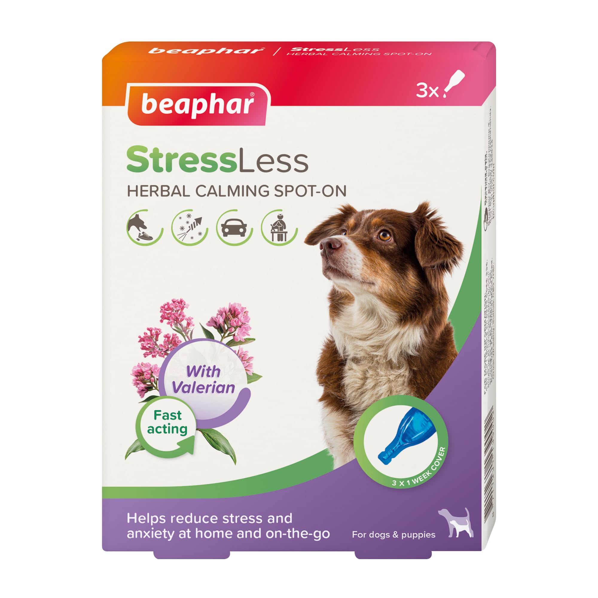 Beaphar – StressLess Herbal Calming Spot-On for Dogs – Reduces Stress & Anxiety at Home and On-the-Go – With Valerian Extract – For Dogs & Puppies – 3 x 1 Week Doses –Easy-to-Use Spot-On Pipettes