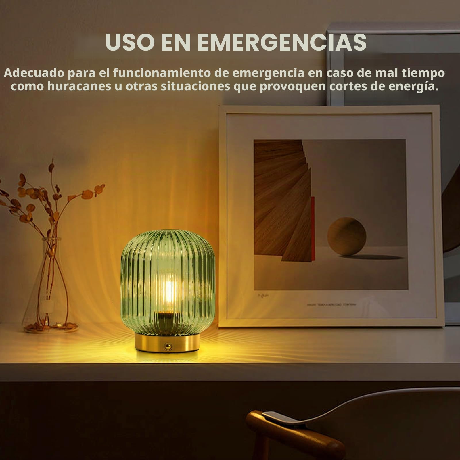 MJ PREMIER Lámpara de mesa recargable inalámbrica con pilas, luz de emergencia para cortes de energía, lámpara de acento de cristal regulable para entrada/escalera/baño/esquina