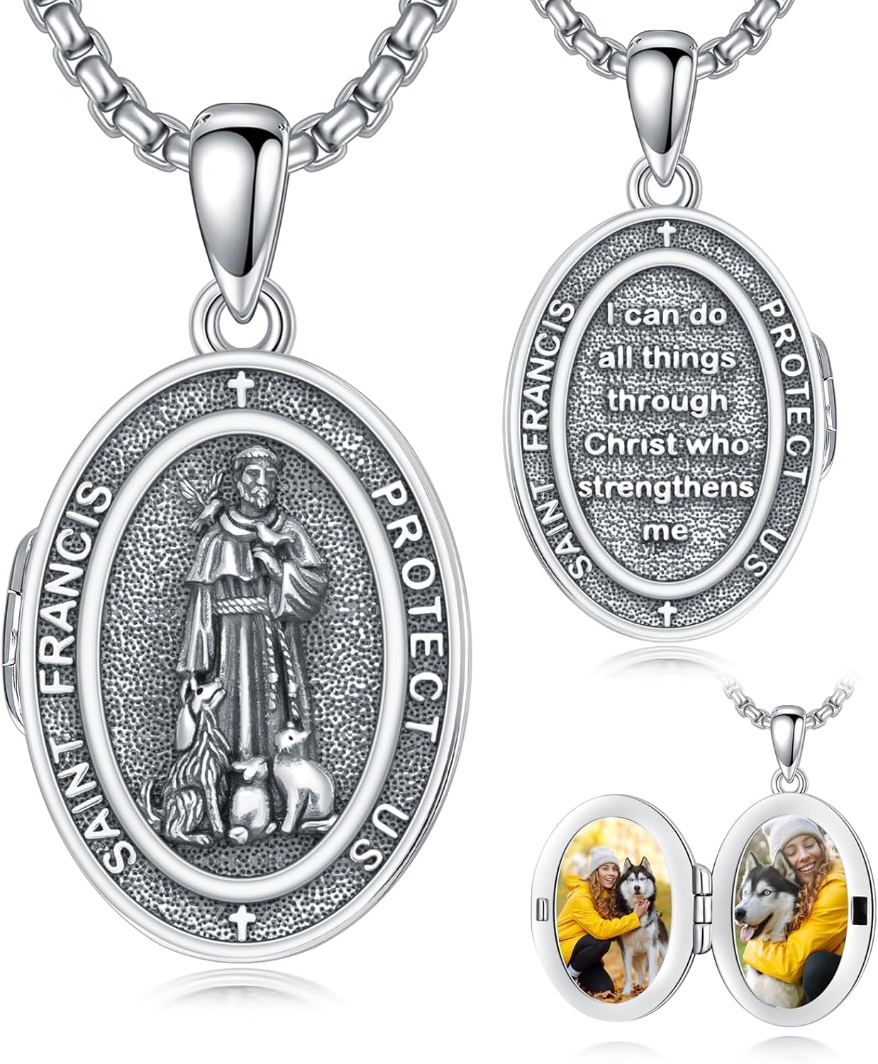 PELOVNY Locket Necklace 925 Sterling Silver St Anthony Francis Sebastian Medal Protection Necklace with Picture Inside Custom Photo Gifts Catholic Christian Jewelry