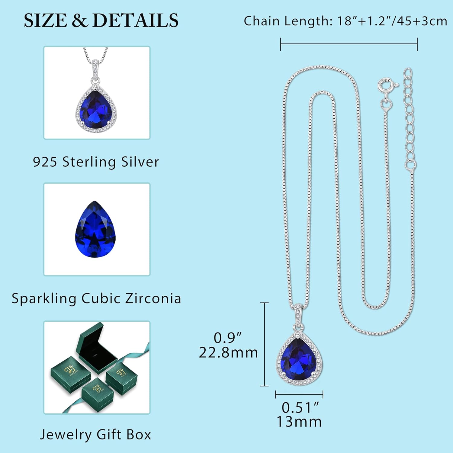 FJ Teardrop Pendant Necklace 925 Sterling Silver Birthstone Jewelry Gifts for Women