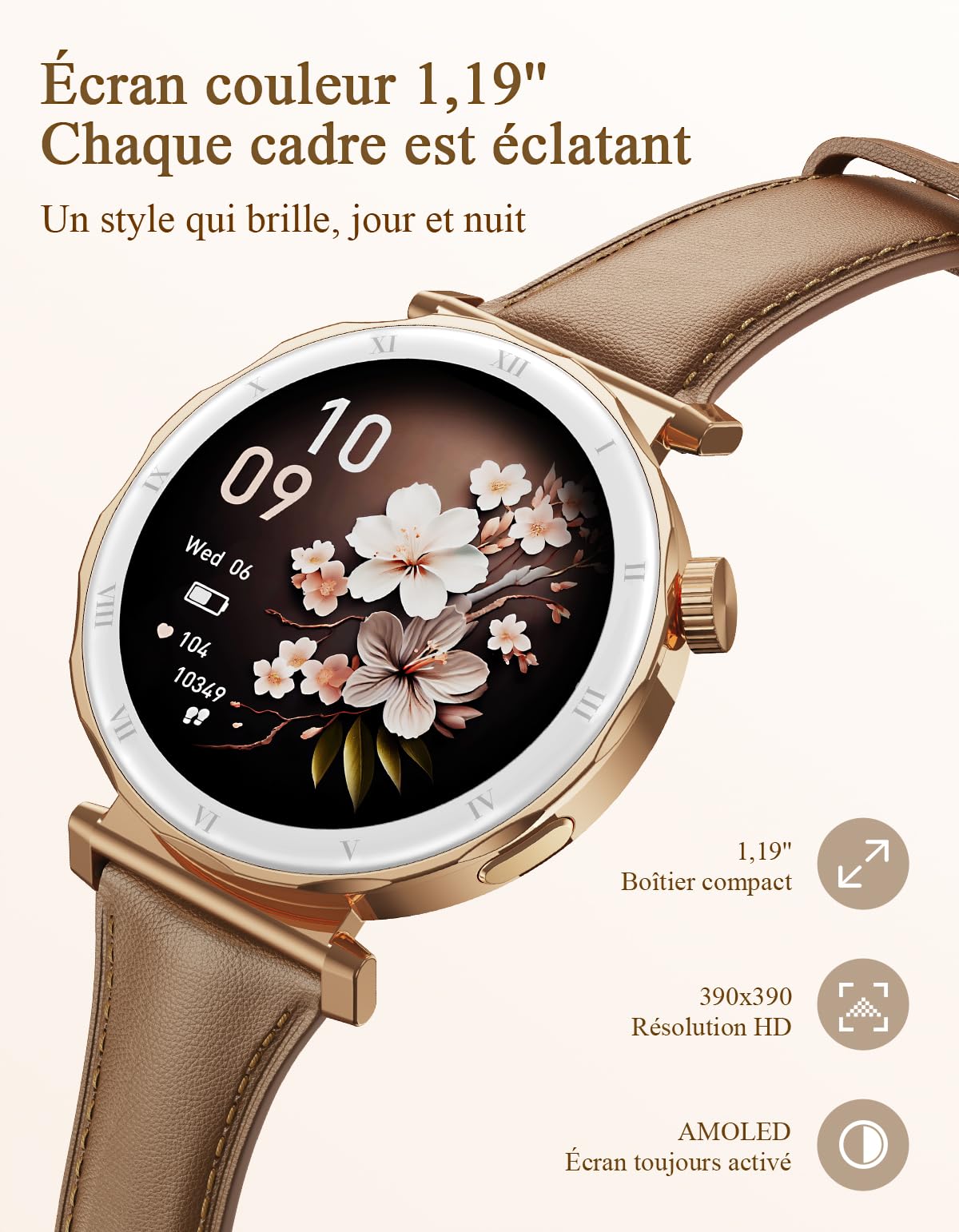 Montre Connectée Femme - Élégant Petit Poignet avec Écran AMOLED 1,19" Bracelet en Cuir Fin, Smartwatch avec Podometre, Cardiofrequencemetre/SpO2/Sommeil pour iOS/Android, Or Rose/Marron