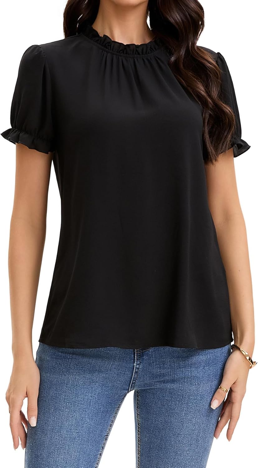 Women's Summer Top Ruffle Mock Neck Puff Short Sleeve Dressy Casual Blouses Work Shirts - Image 4