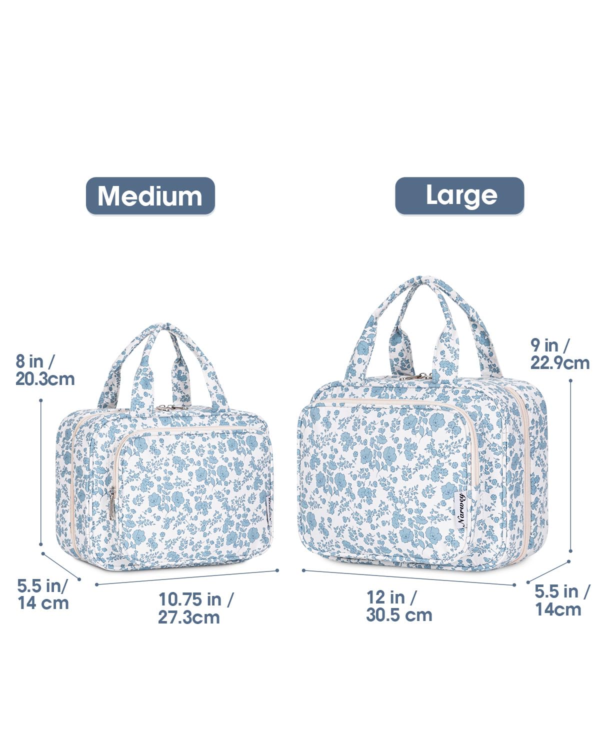Narwey Large Hanging Travel Toiletry Bag for Women Wash Bag Cosmetics Makeup Bag Organizer for Full Size Accessories (Little Blue Flower (Large)) — view 4