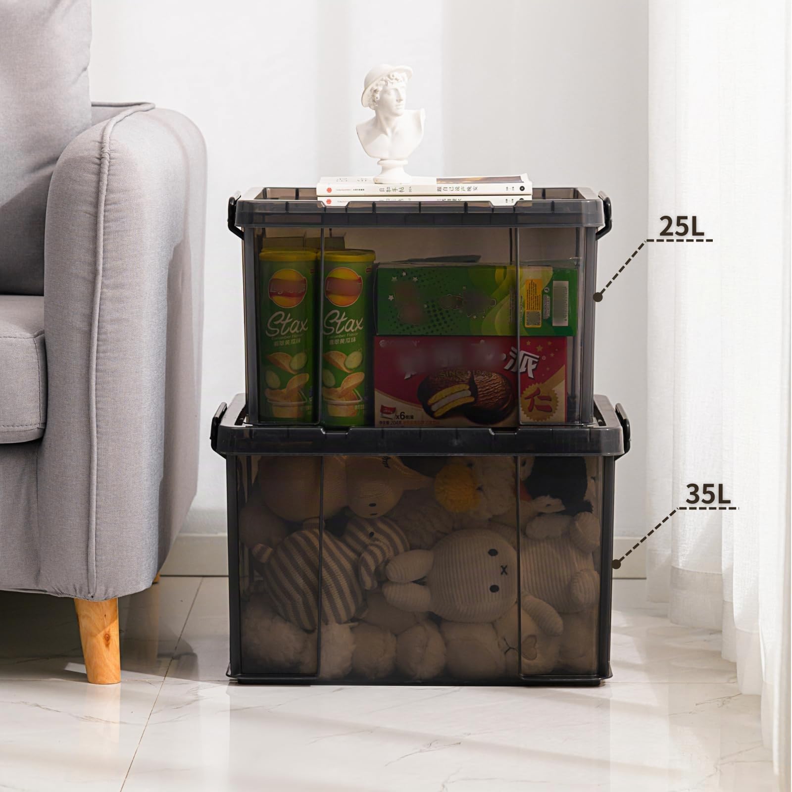 Cetomo 25L*3 Cajas de Almacenamiento, Cubo de Almacenamiento Plástico Apilable con Tapas, Contenedor de Alta Resistencia con Esquinas Reforzadas, Duradero, Negro Transparente, 25L-Conjunto de 3