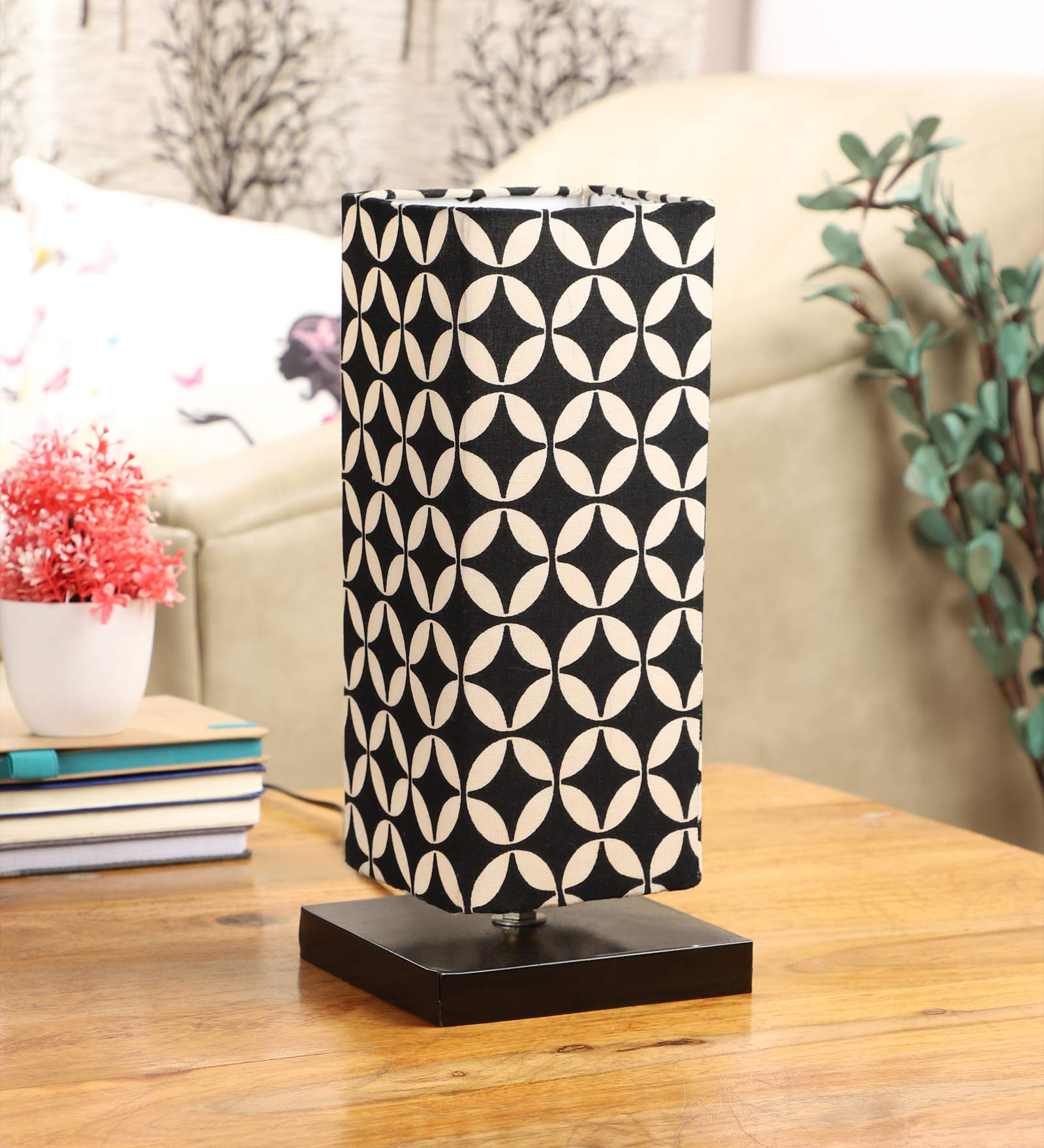Tu Casa -TC-07.-.Height-12.-.Geometric Black & White printShade.-.with Metal Base Table Lamp (B-22 - Brass Holder-Bulb NOT Included).-Bed Switch-Included, L * W * H (4x4x12 Inches)