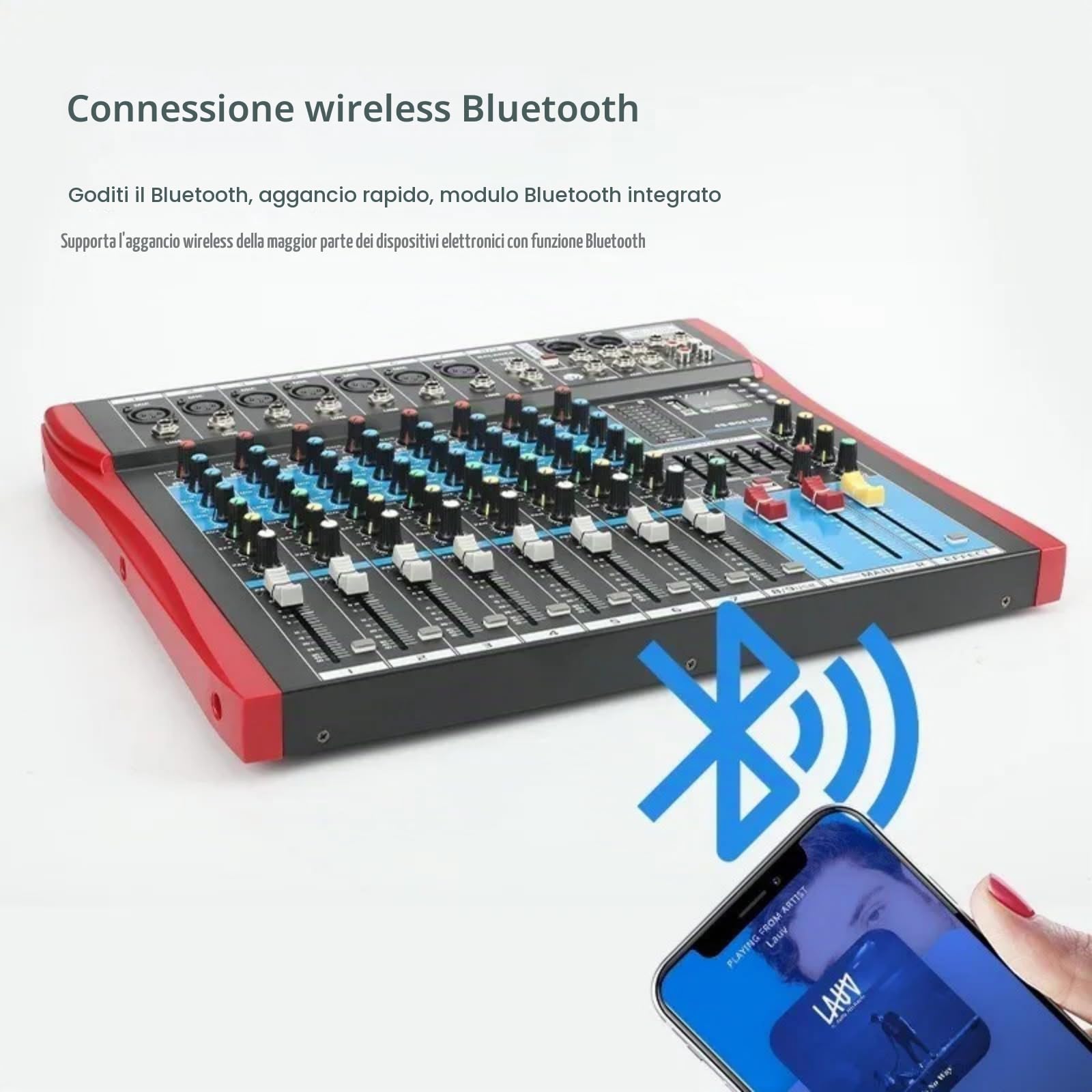 M6 - Mixer audio per DJ professionale, console soundbar con USB/MP3/Bluetooth, mixer live, effetto digitale, mixer a 7 canali + 48 V