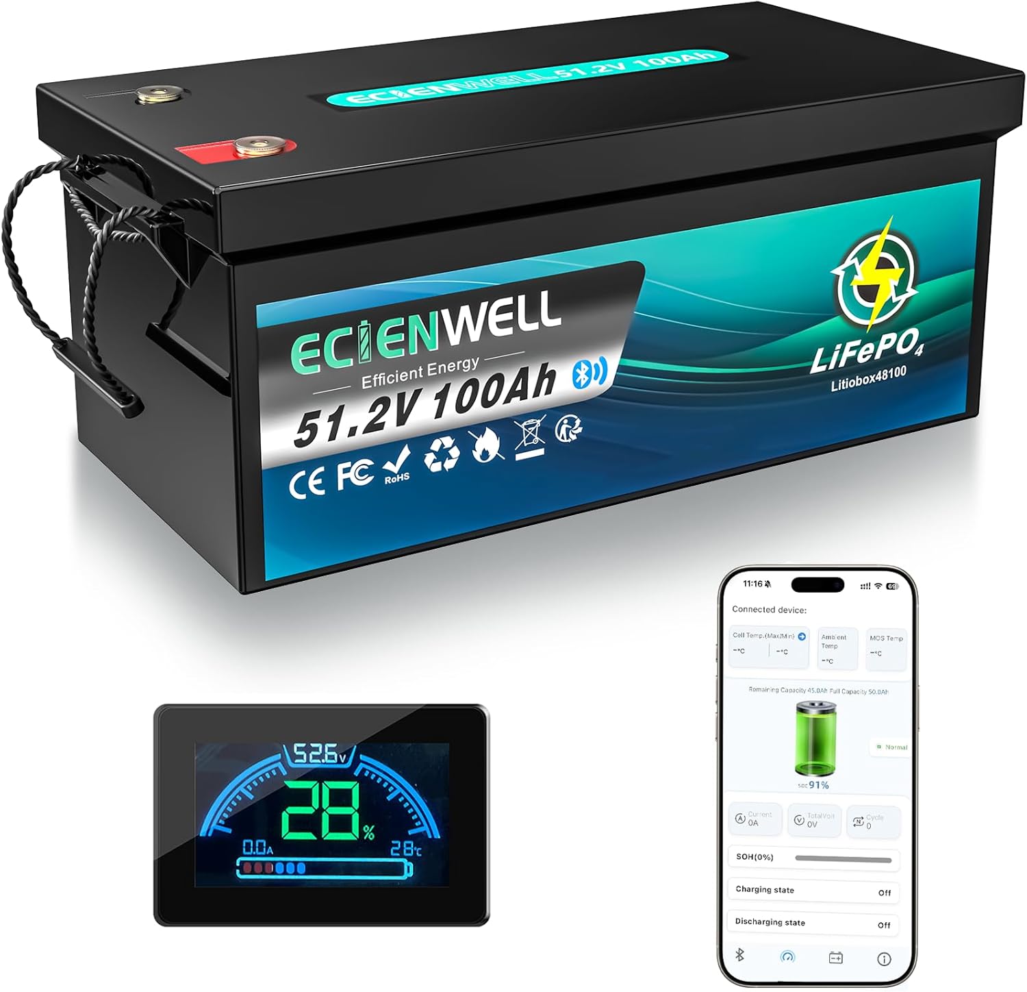 48V(51.2V) 100Ah Golf Cart Lithium LiFePO4 Battery with Bluetooth&APP, 15000+ Deep Cycle Battery with LCD Monitor, EV A+ Rated Cells Batteries with 200A BMS for Golf Cart, Lawn Mower, Solar System, RV