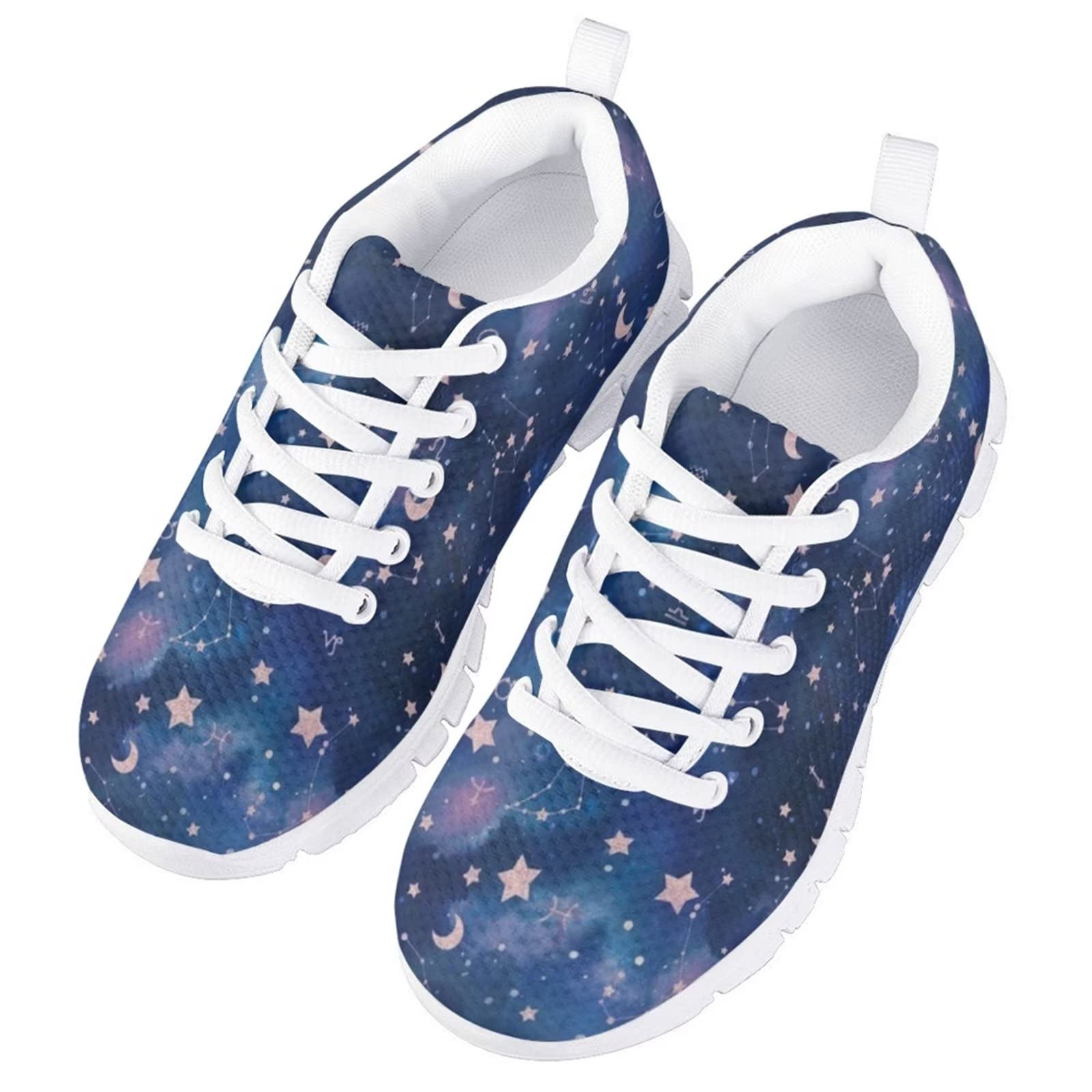 Zapatillas de deporte para niñas Comfort Mesh Transpirable con cordones Zapatos de suela blanca, Constelación de plantas de luna y galaxia, 31 EU