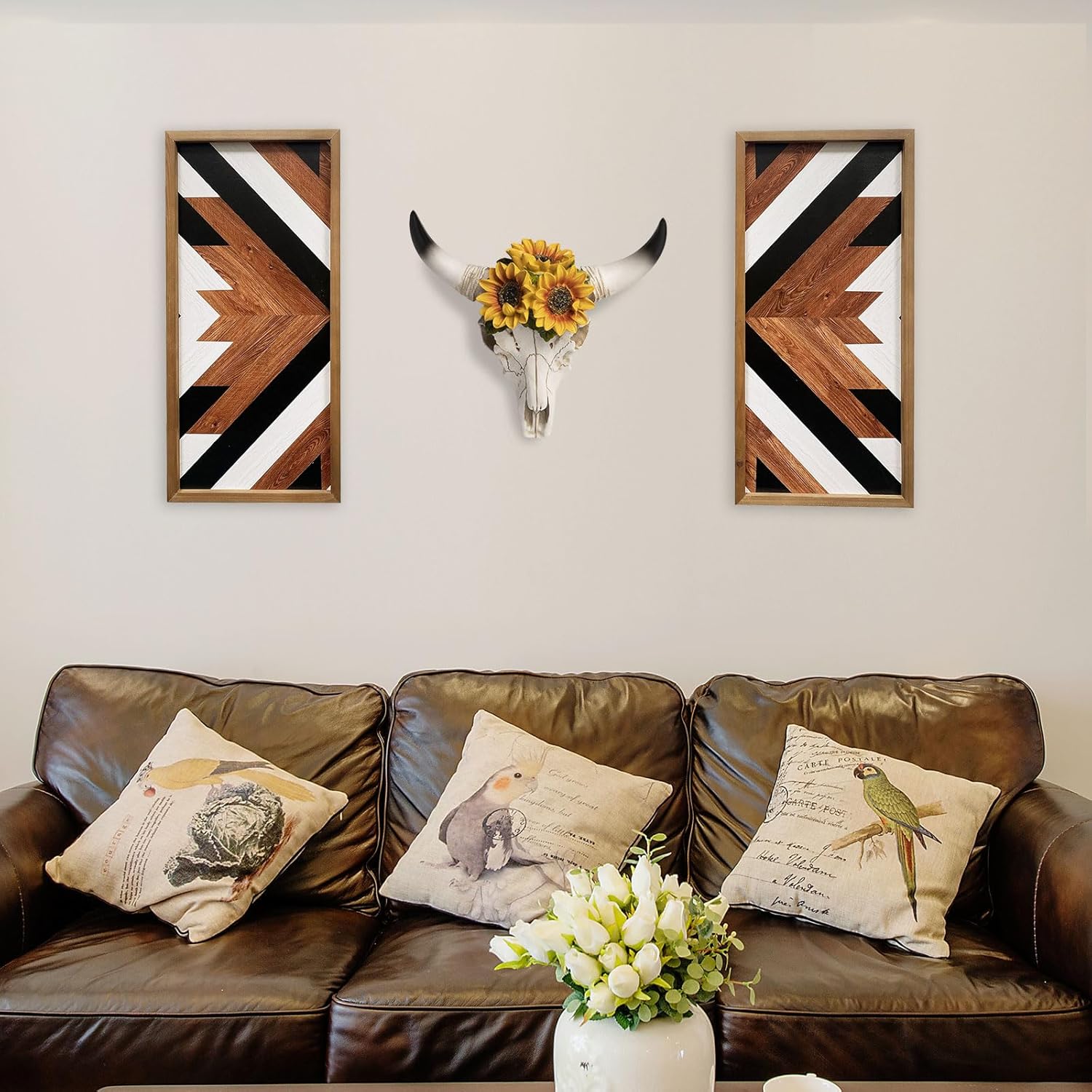flangairy Cow Skull Wall Decor 7.9 x 7.9 Inches, Resin Bull Head Buffalo Animal Skull Sunflower Wall Art, Bedroom Bathroom Living Room Home Decorations