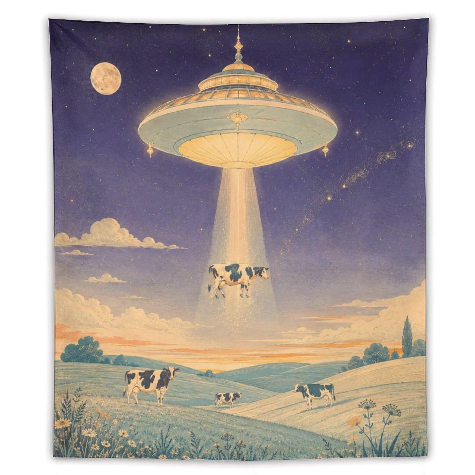 W7C8U2X3 UFO Cattle Moonlit Pasture Wall Tapestry, Realistic Illustration