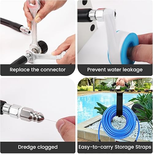 Miniatura 6 de Kit de chorro de alcantarillado a presión de 100 pies, manguera limpiadora de drenaje de chorro de agua de 5800 PSI con boquilla de nariz de botón