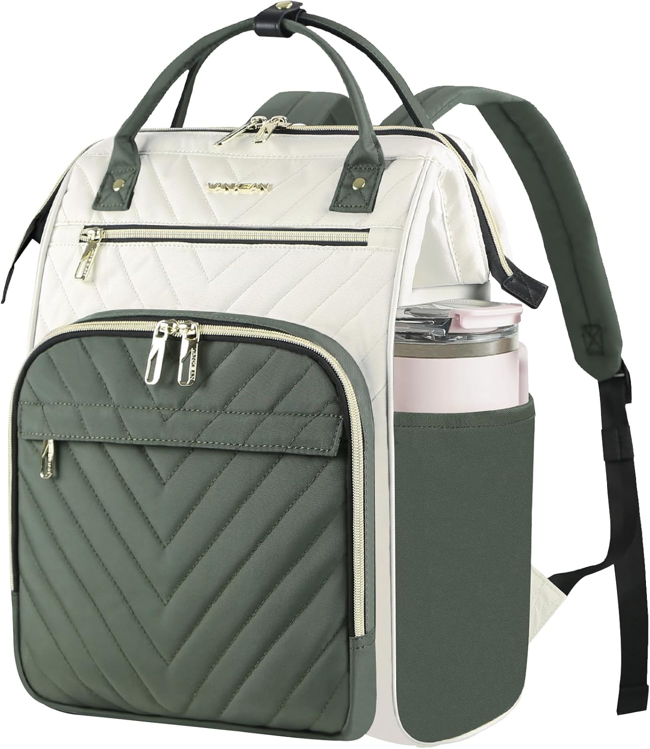 VANKEAN 17 Inch Laptop Backpack for Women Men Fashion Computer Work Bag, Large Capacity Waterproof Backpack with USB Port & RFID Pockets, College Daypack Business Travel, Beige-Army green