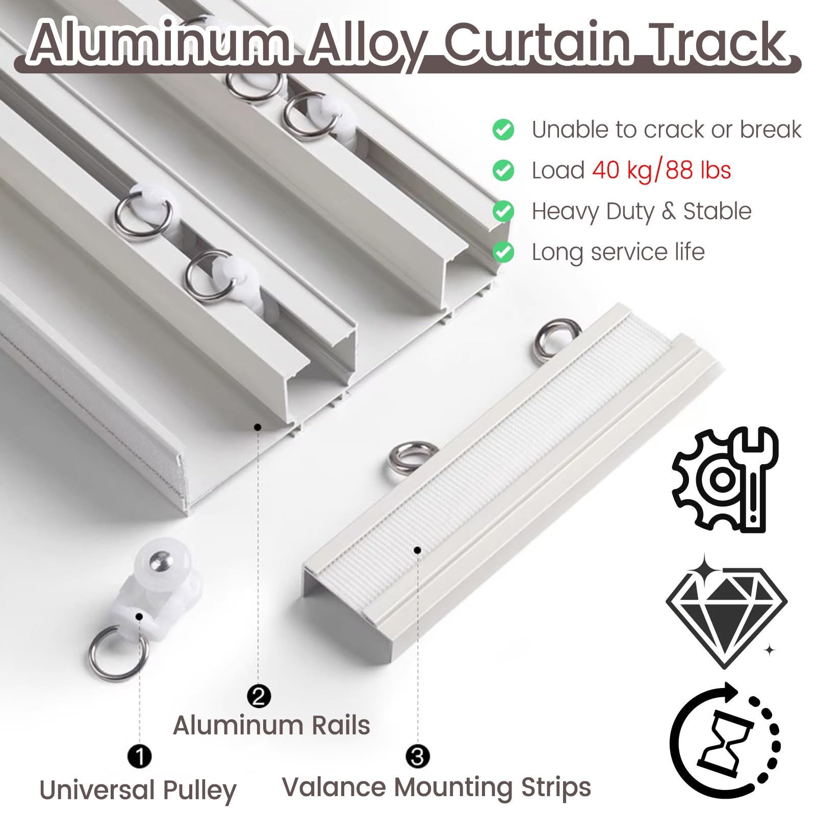 Rail de suspension for cloison de séparation, montage au plafond ou au mur, en alliage d'aluminium, blanc, 1,2 m, 1,6 m, 3,5 m, 7,6 m, 12,2 ...(Double Track,39ft/1188cm)