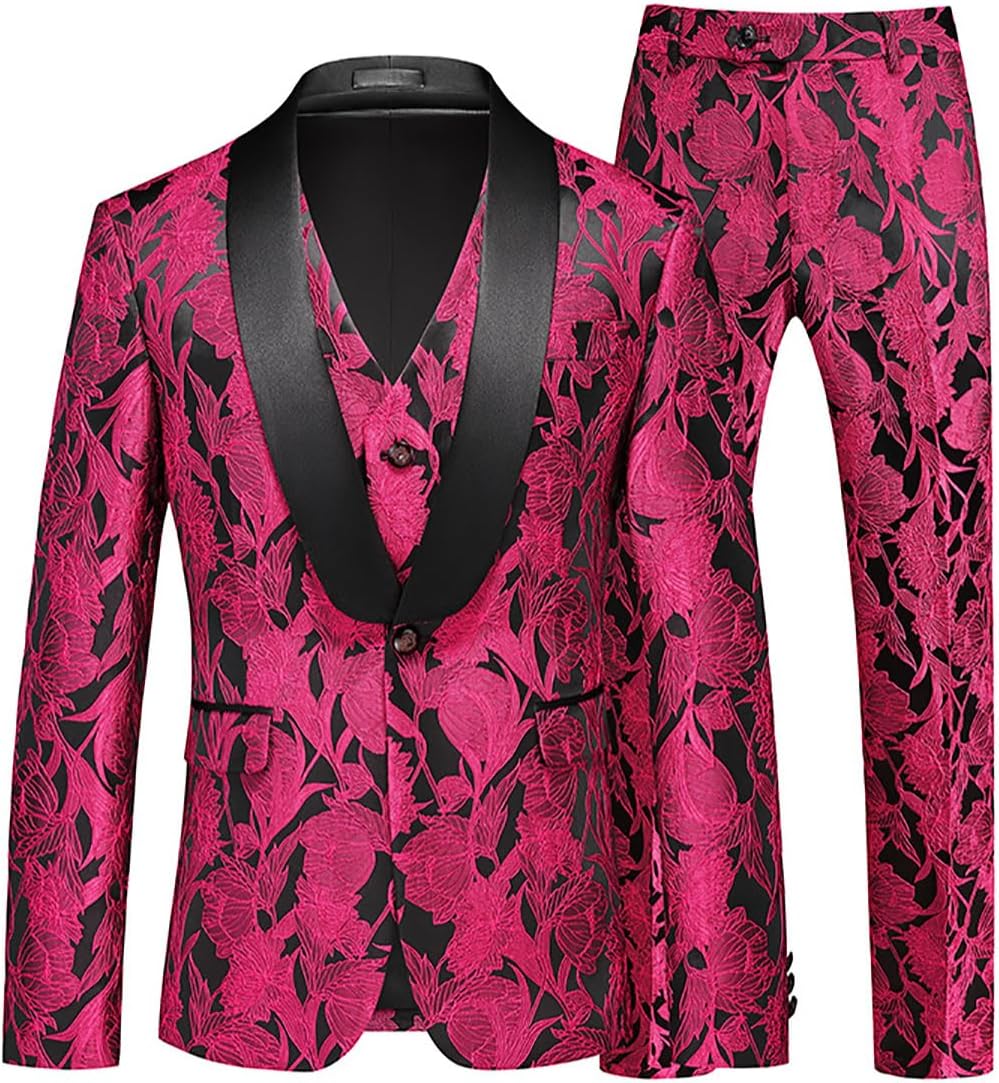 Mens 3 Piece Floral Suit Jacquard Dress Tuxedo 1 Button Shawl Lapel Casual Suit Set Wedding Prom Jacket Vest Pants