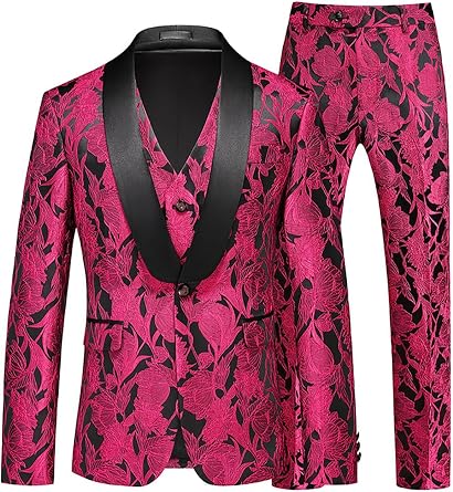 Mens 2 Piece Floral Suit Jacquard Dress Tuxedo 1 Button Shawl Lapel Casual Suit Set for Wedding Prom Jacket Pants
