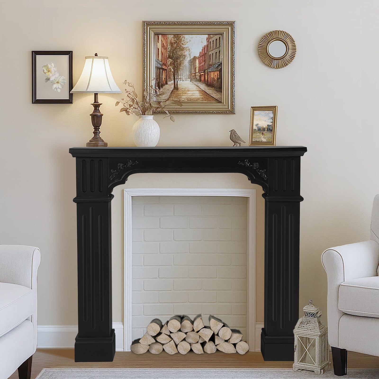 Modern Black Freestanding Fireplace Mantel Surround – Waterproof, Anti-Tipping Premium MDF Mantel with Leg for Living Room Decor