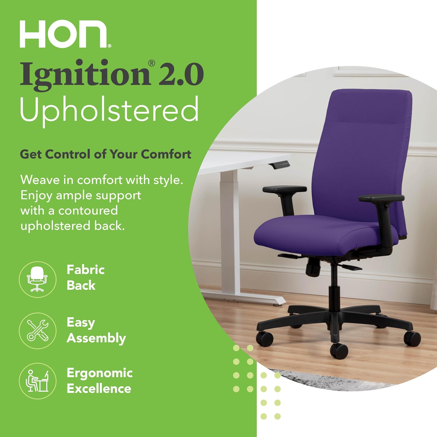 HON Ignition 2.0 Ergonomic Office Chair with Adjustable Arms, Standard Synchro‑Tilt Recline, Upholstered Desk and Computer Chair for Home Office or Workstation, Black Frame, Iris